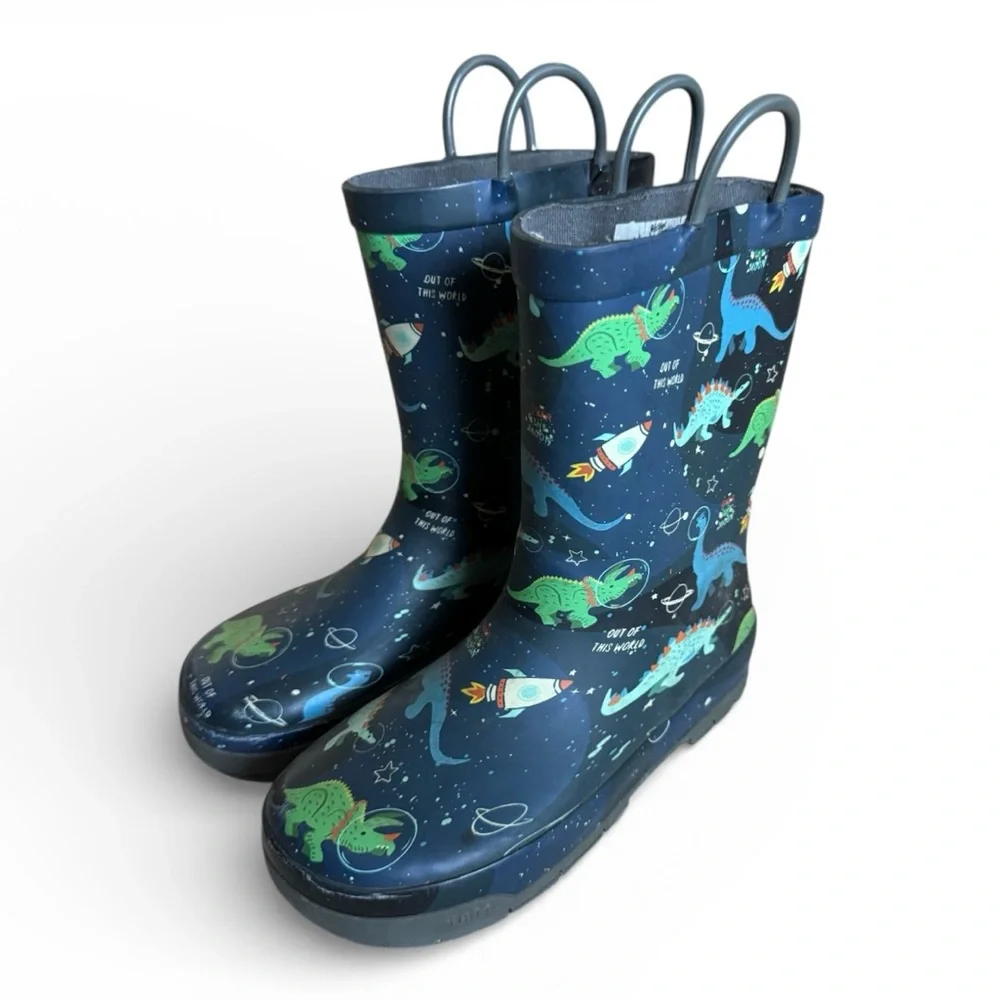Western Chief Kids Waterproof Rain Boots Dino Space Navy Pull On Outdoor Size 13